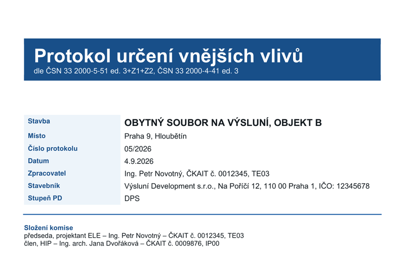 Ukázka titulní strany protokolu určení vnějších vlivů vygenerovaného aplikací PUVV
